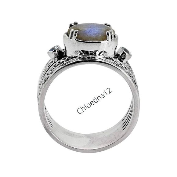 Vintage Natural Labradorite Swiss Blue Topaz 925 Sterling Silver Ring - Picture 5 of 9